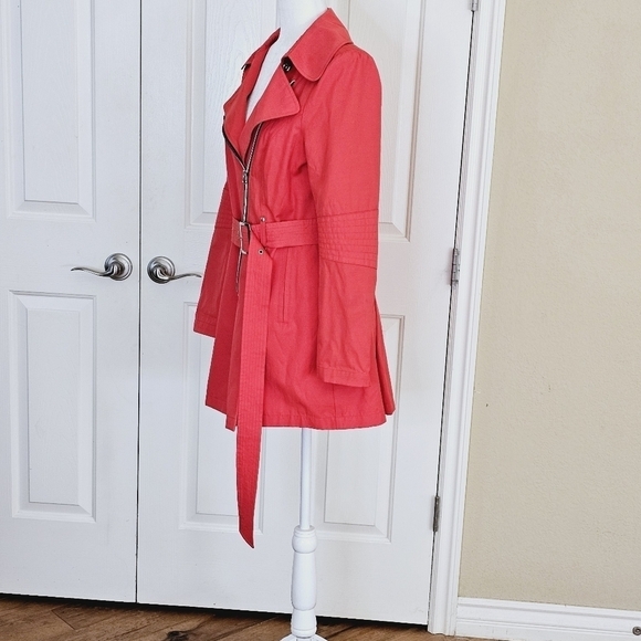 Black Rivet Belted Rain Trench Zip Coat Watermelon Size M - Picture 6 of 15